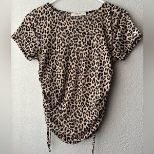 Leopard Print Short Sleeve Tee with Side Ruching & Drawstrings Wild Love Size M
